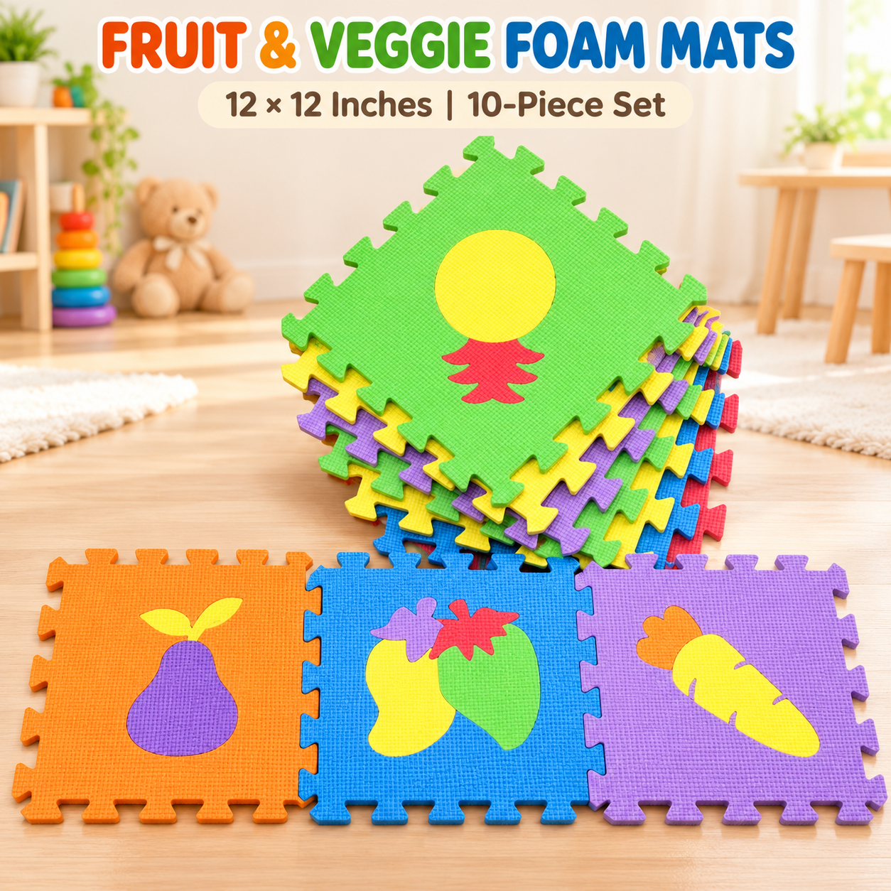 Fruit & Vegetable Foam Puzzle Mats – 12 × 12 Inches | 10-Piece Set