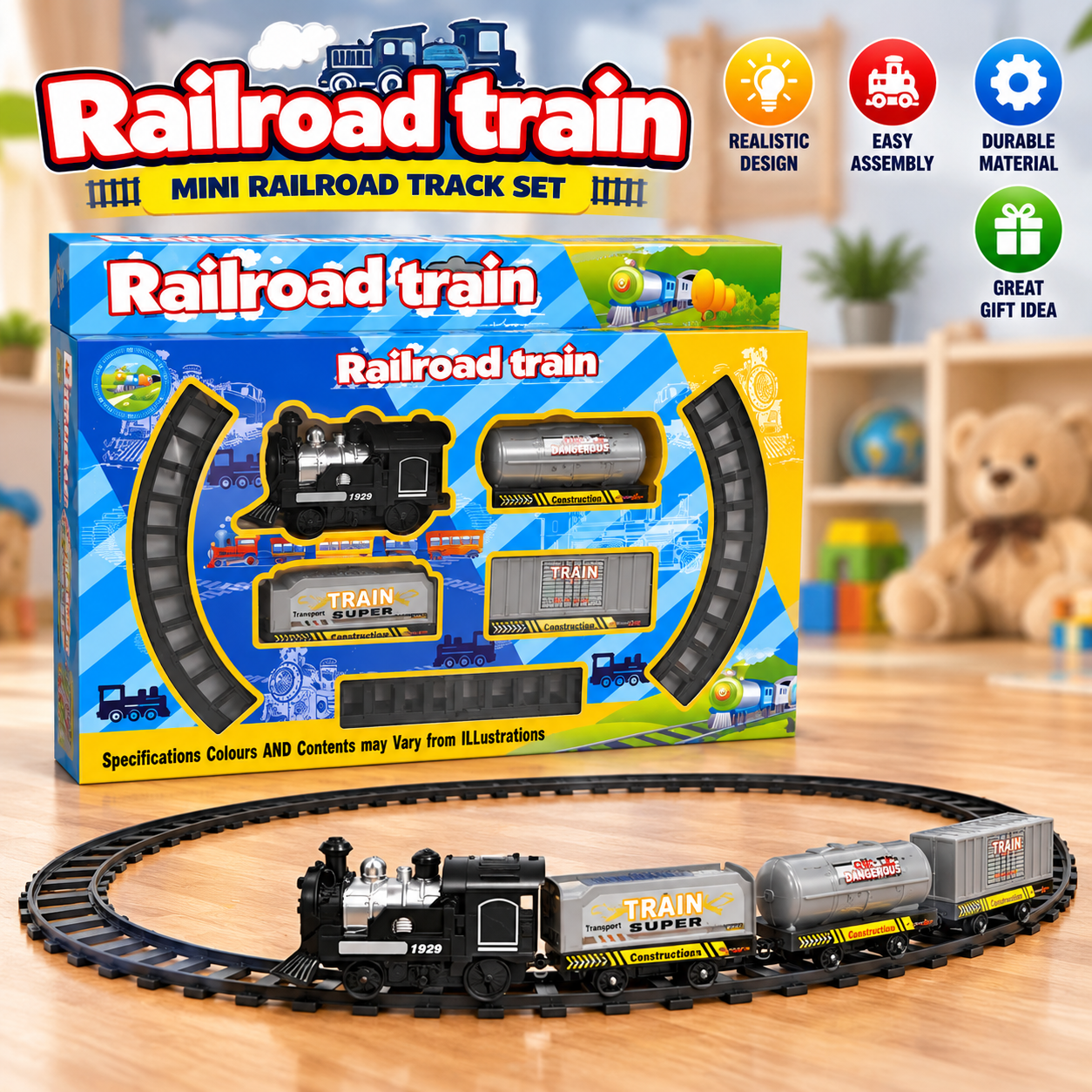 MINI RAILROAD TRAIN TRACK SET WITH CARGO CARRIAGES