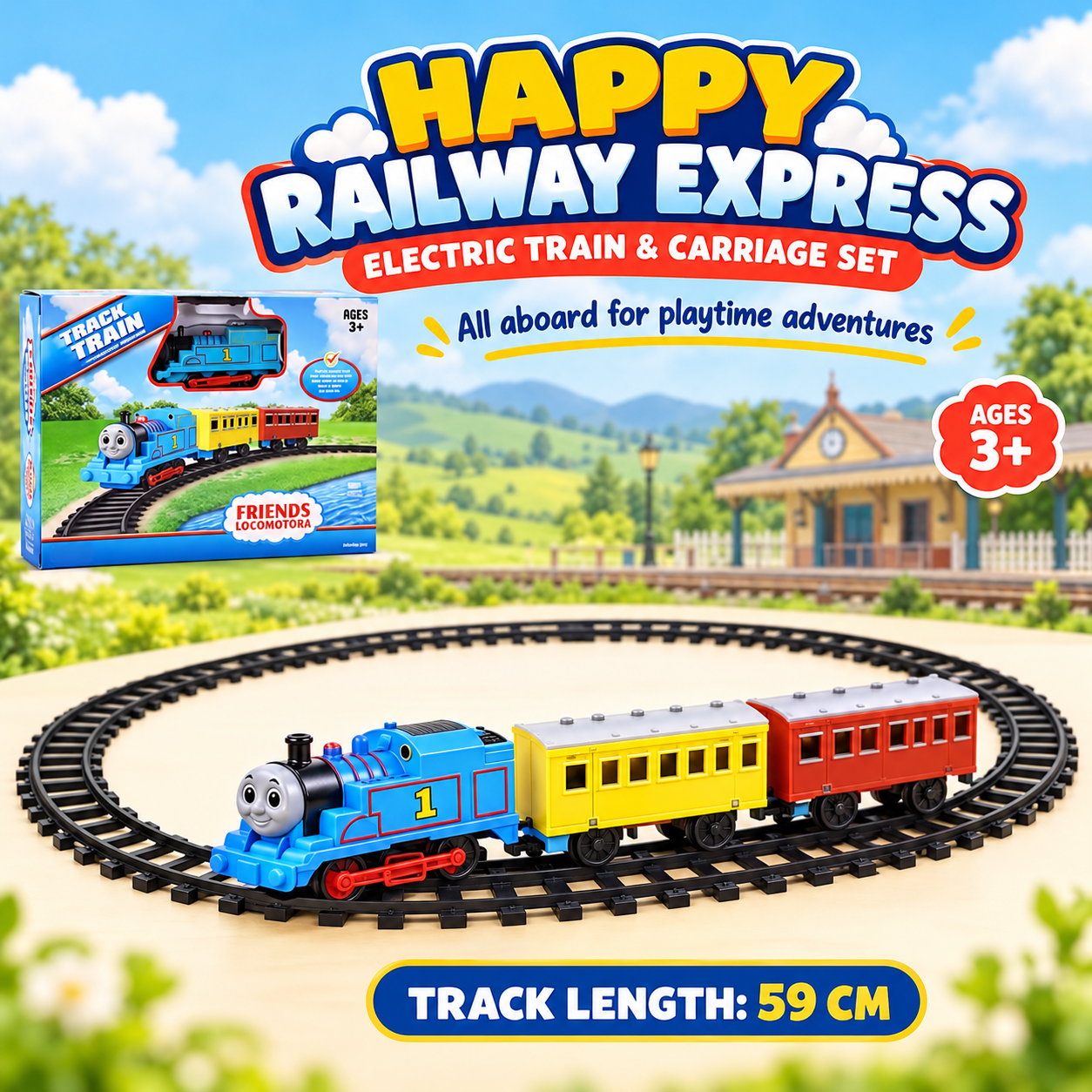 HAPPY RAILWAY EXPRESS – ELECTRIC TRAIN & CARRIAGE SET