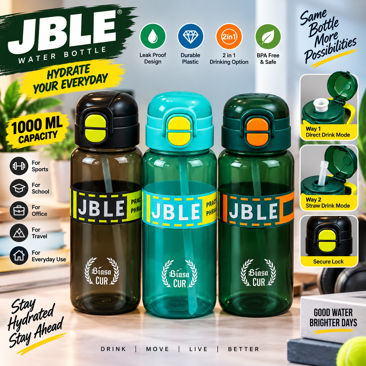 WATER BOTTLE PLASTIC 2 WAY JBLE