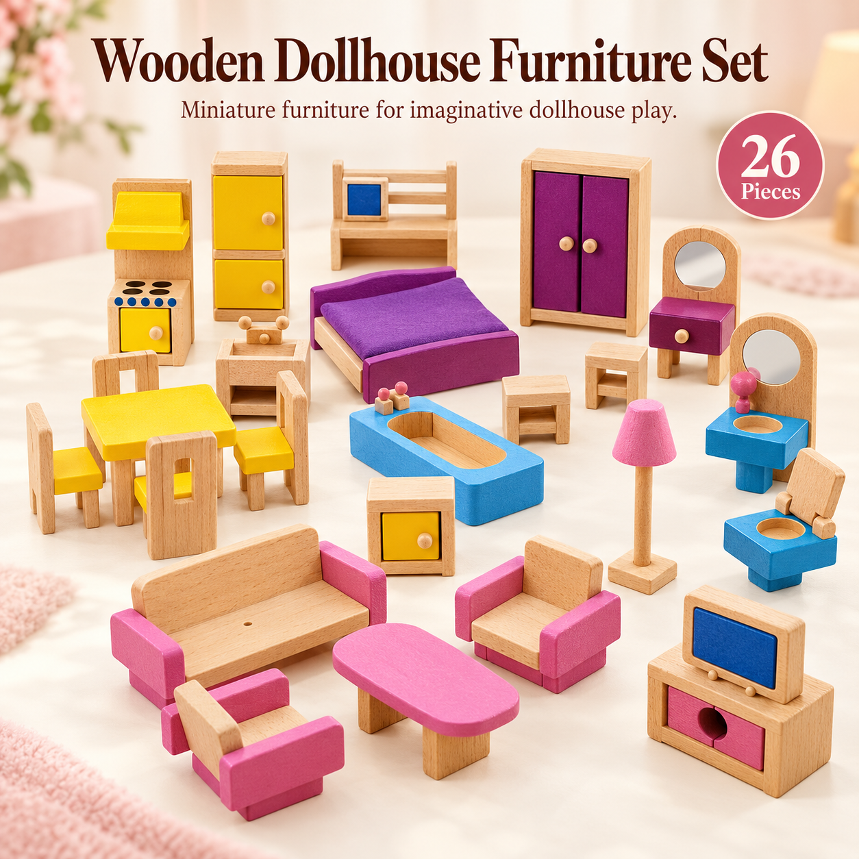 Wooden Dollhouse Furniture Set
