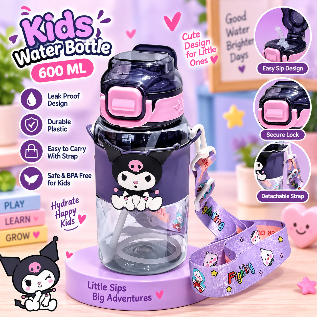 WATER BOTTLE PLASTIC CARTOON 600ML