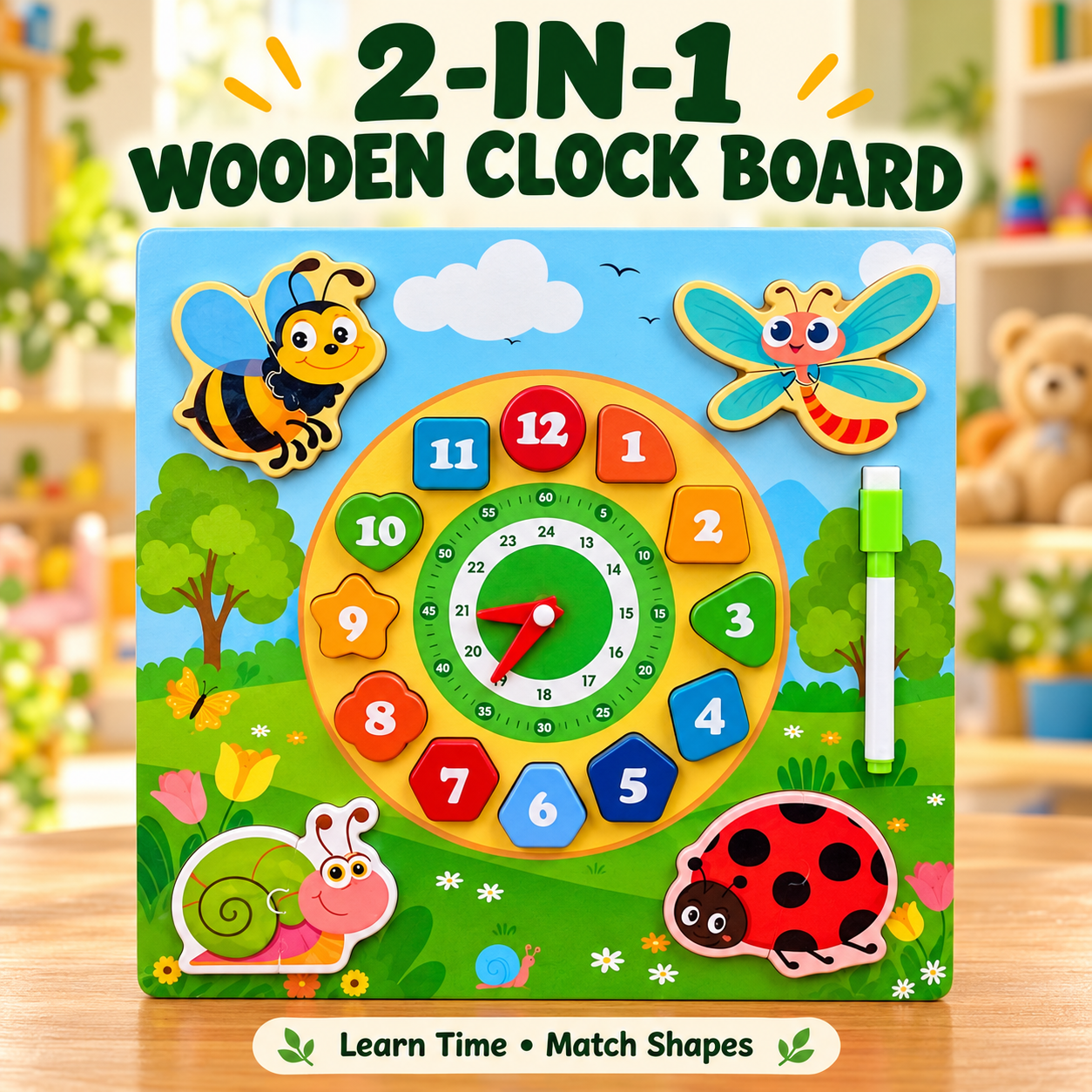 2-in-1 Wooden Clock & Whiteboard
