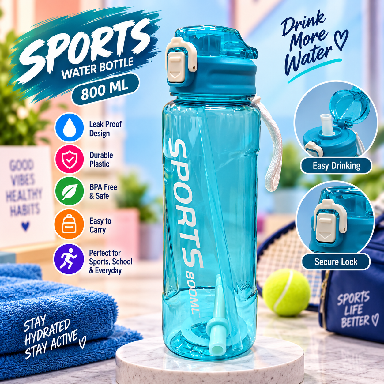 PLASTIC WATER BOTTEL 850ML SPORTS