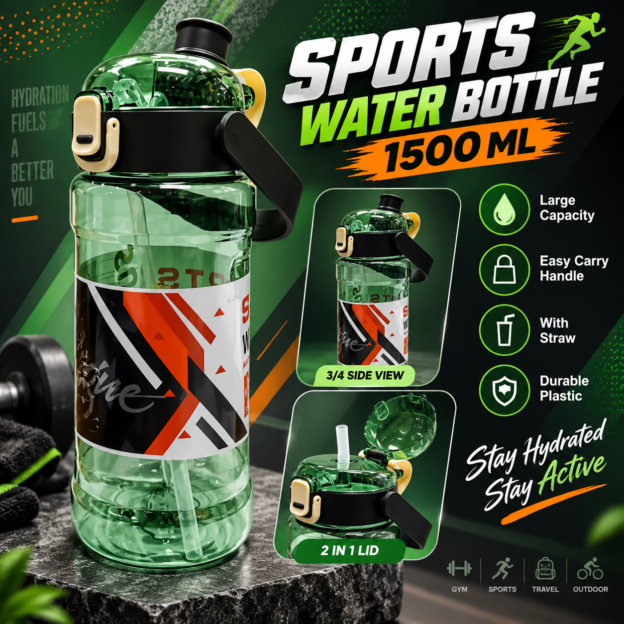 PLASTIC WATER BOTTLE 1500ML SPORTS