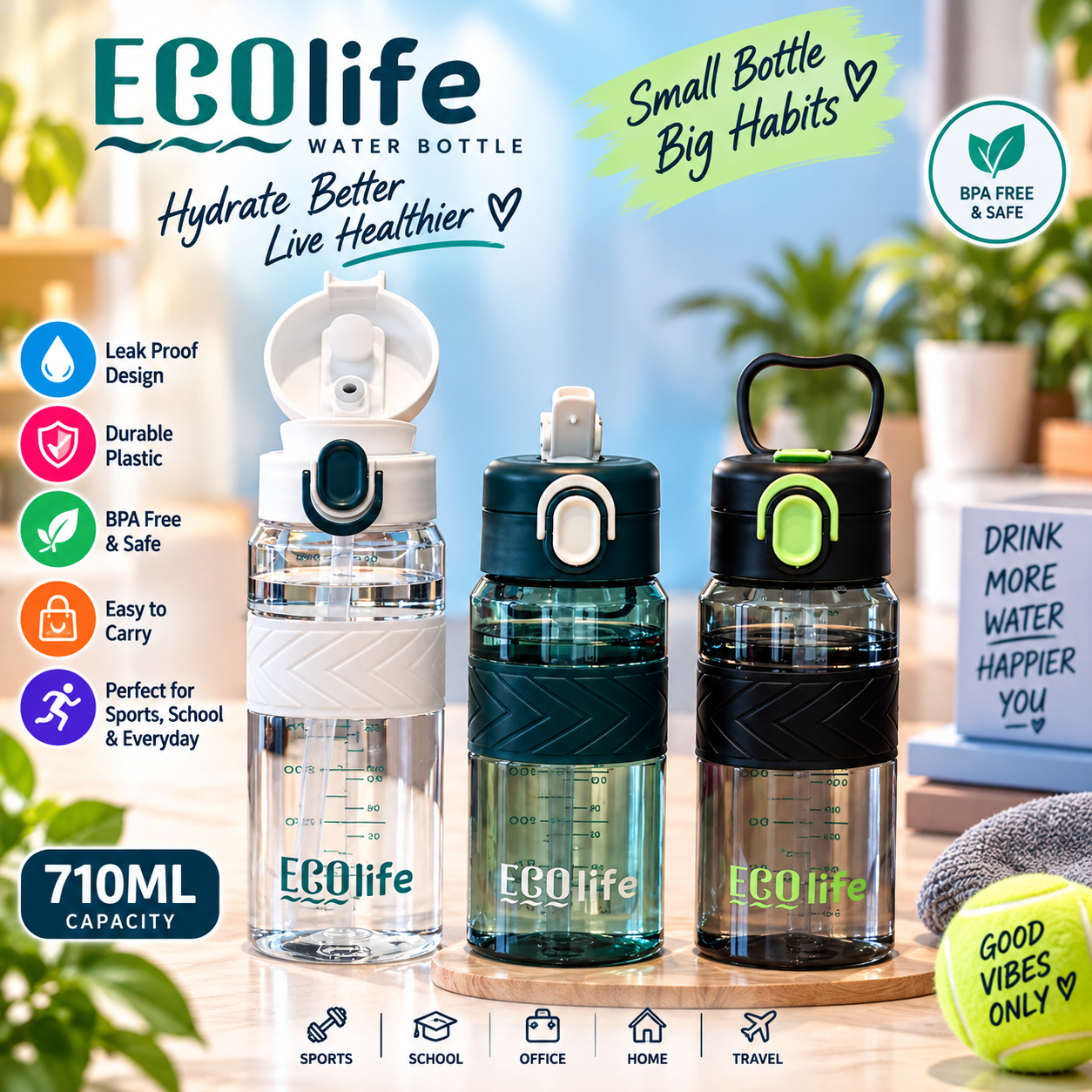 WATER BOTTLE PLASTIC ECOLITE 710ML
