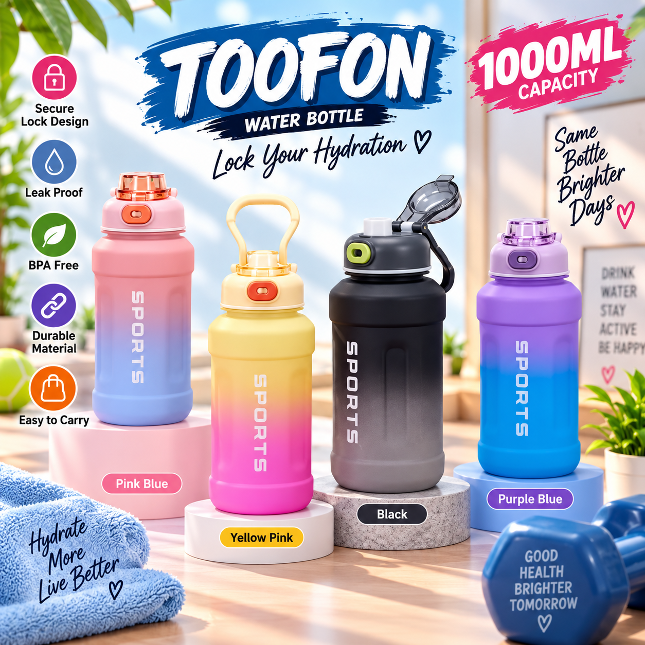 WATER BOTTEL 2 TONE 1000 ML LOCK