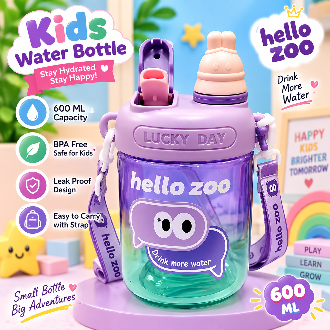 PLASTIC WATER BOTTLE 600ML HELLO ZOO