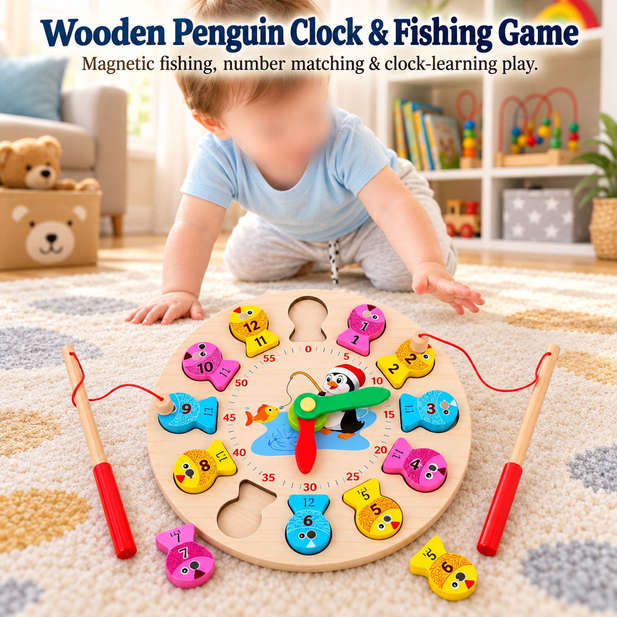 Wooden Penguin Clock & Fishing Game