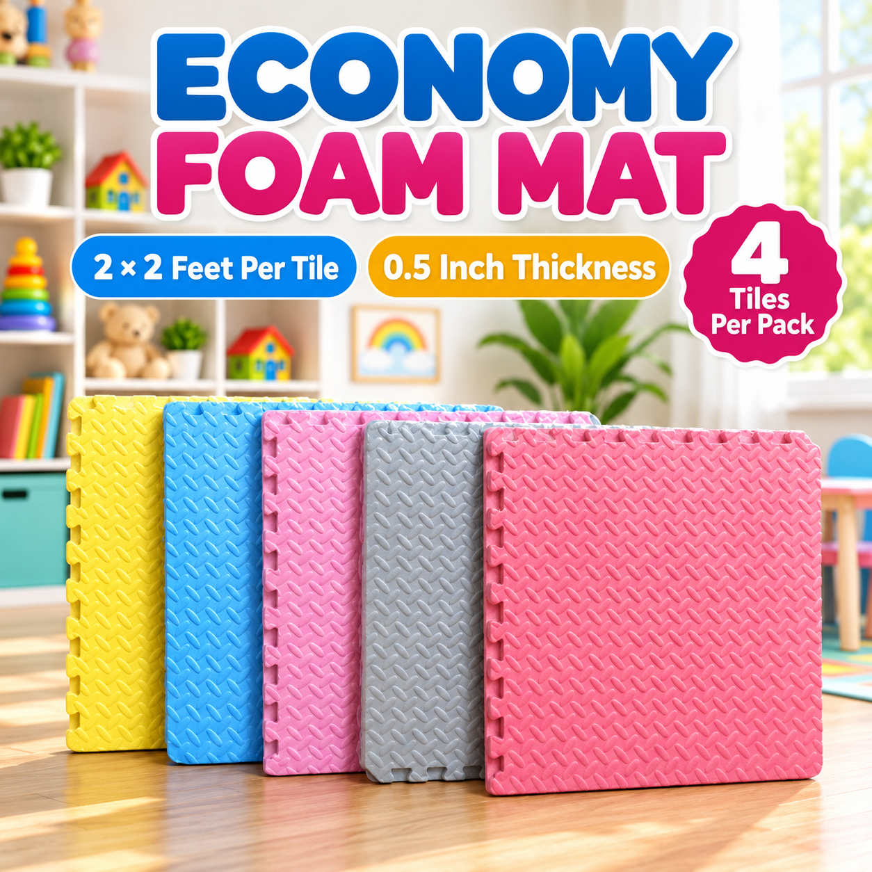 Economy Multicolor Interlocking Foam Mat – 4 Tiles Pack