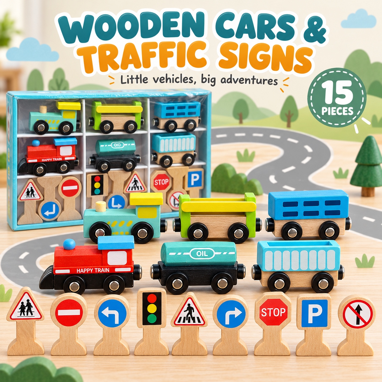 Wooden Cars & Traffic Signs Set – 15 Pieces