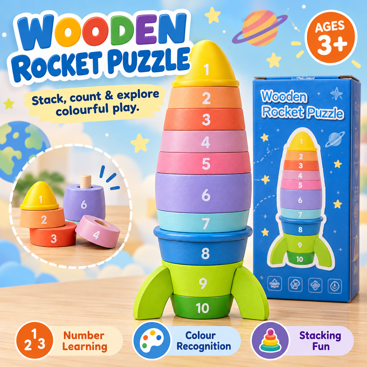 Wooden Rocket Puzzle Toy