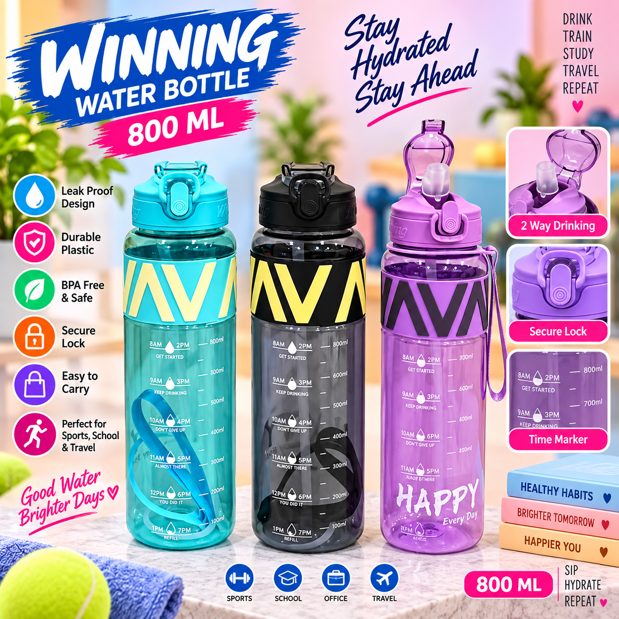 WATER BOTTLE PLASTIC WINNING 800ML