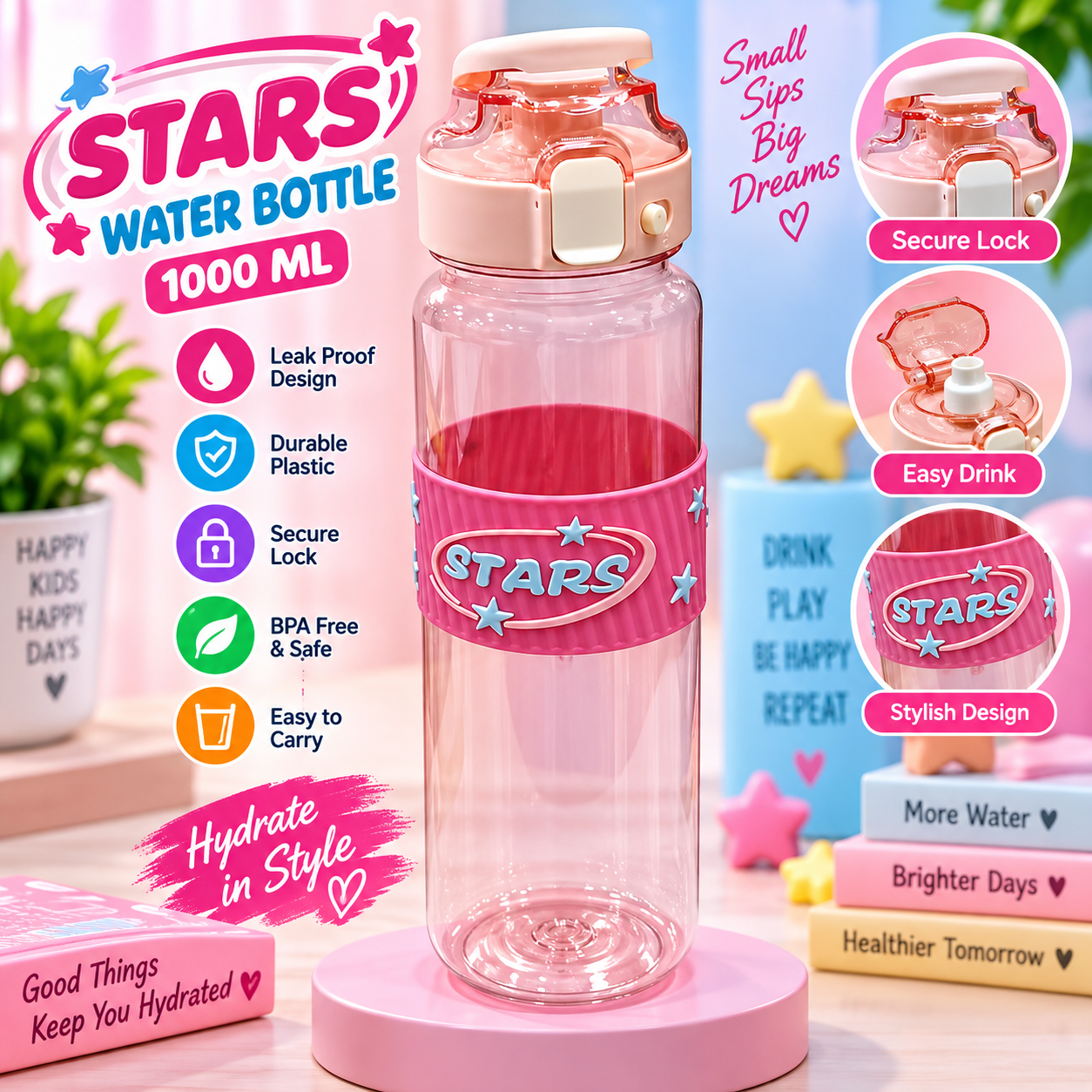 WATER BOTTLE PLASTIC STRAS+LOCK 1000ML