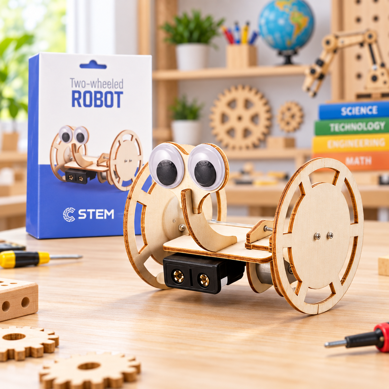 WOODEN TWO-WHEELED ROBOT DIY STEM TOY