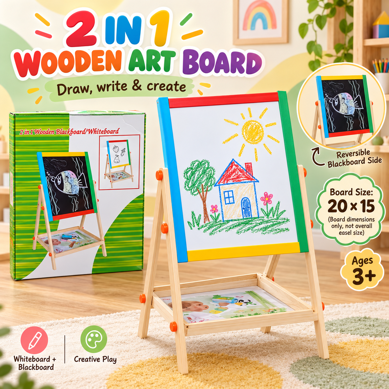 2-in-1 Wooden Whiteboard & Blackboard