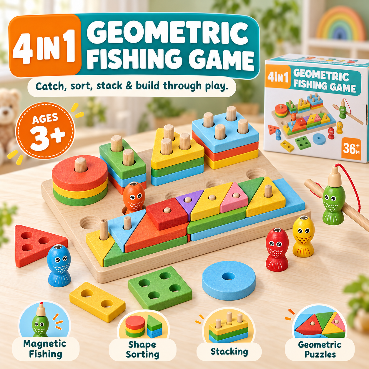 4 in 1 Wooden Geometric Fishing Game