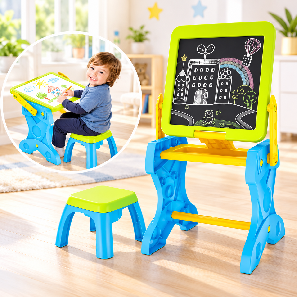 2-in-1 Kids Writing Table & Drawing Board with Stool