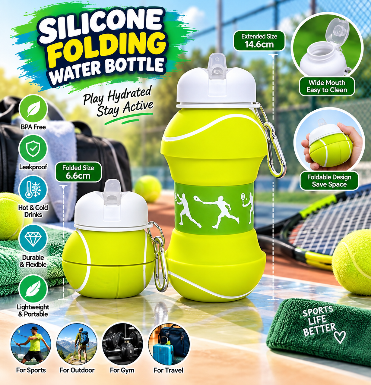 WATER BOTTLE SILICONE FOLD TENNIS