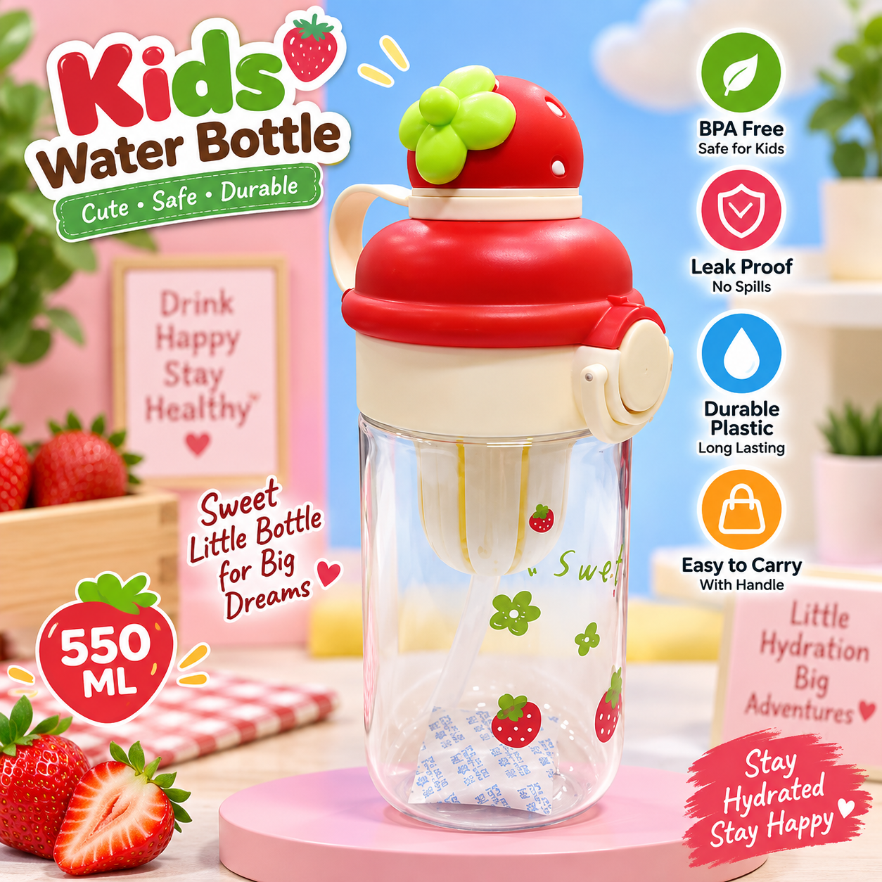 PLASTIC WATER BOTTLE 550ML STRAWBERRY