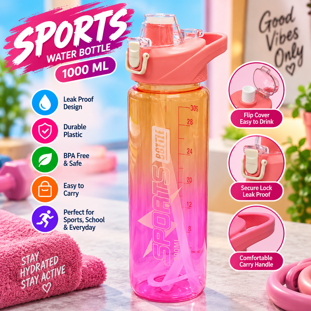 PLASTIC WATER BOTTLE 1000ML SPORTS