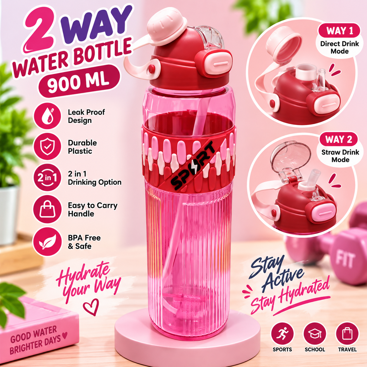 WATER BOTTLE PLASTIC 2WAY 900ML