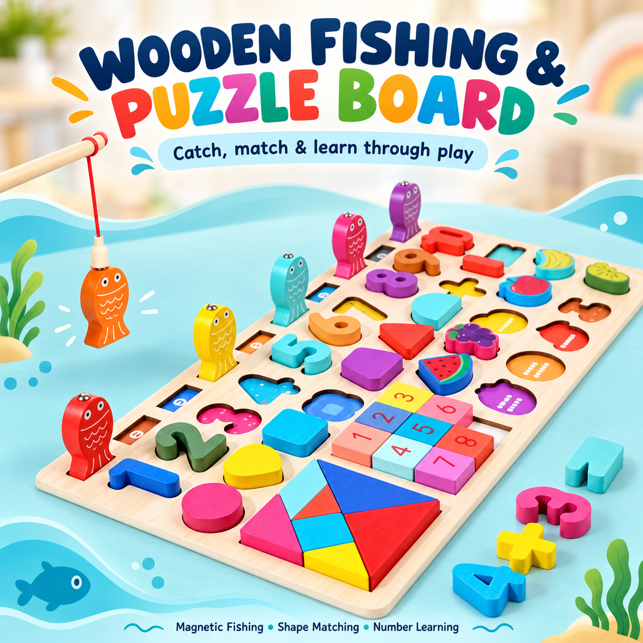 Wooden Magnetic Fishing & Puzzle Board