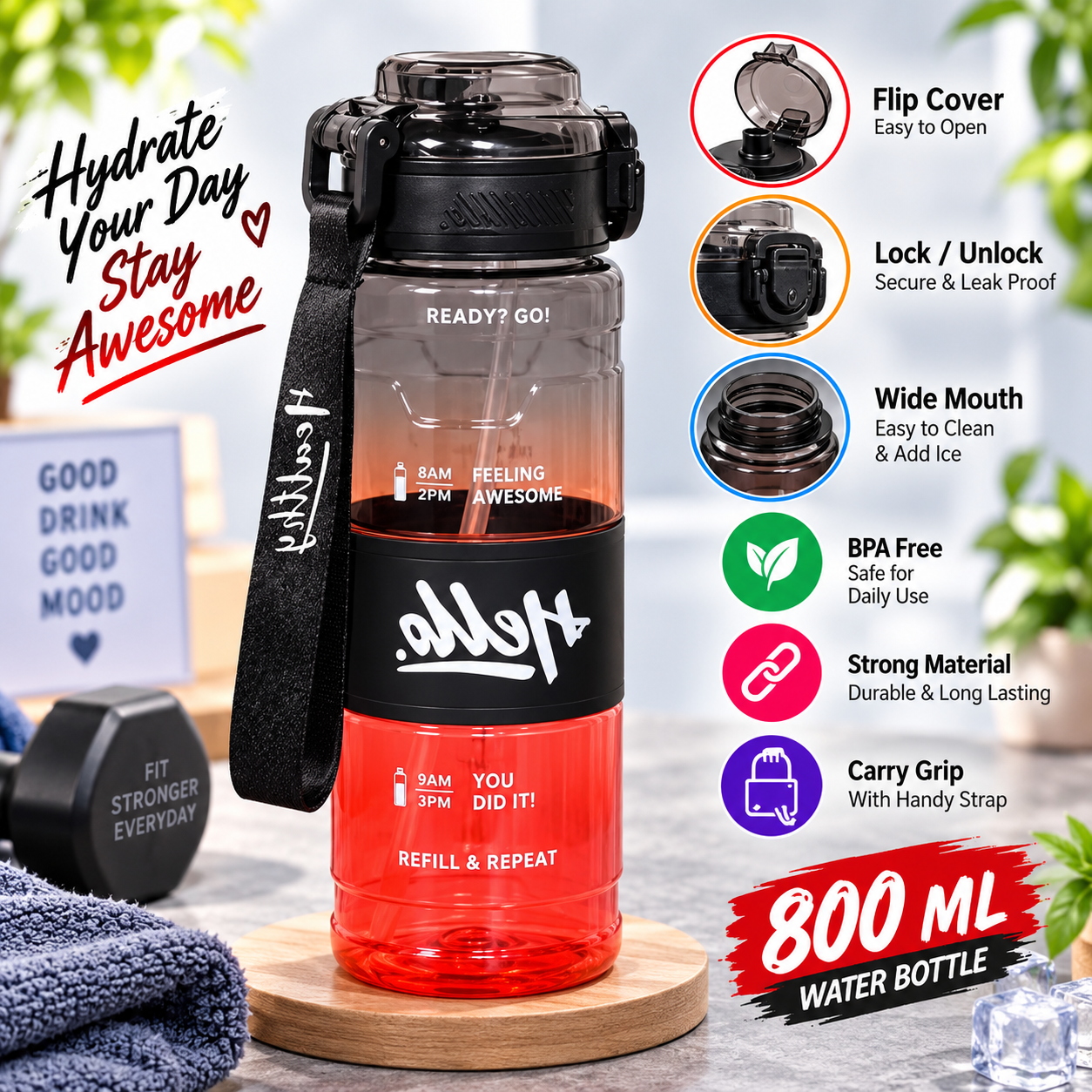 PLASTIC WATER BOTTLE 800ML HELLO