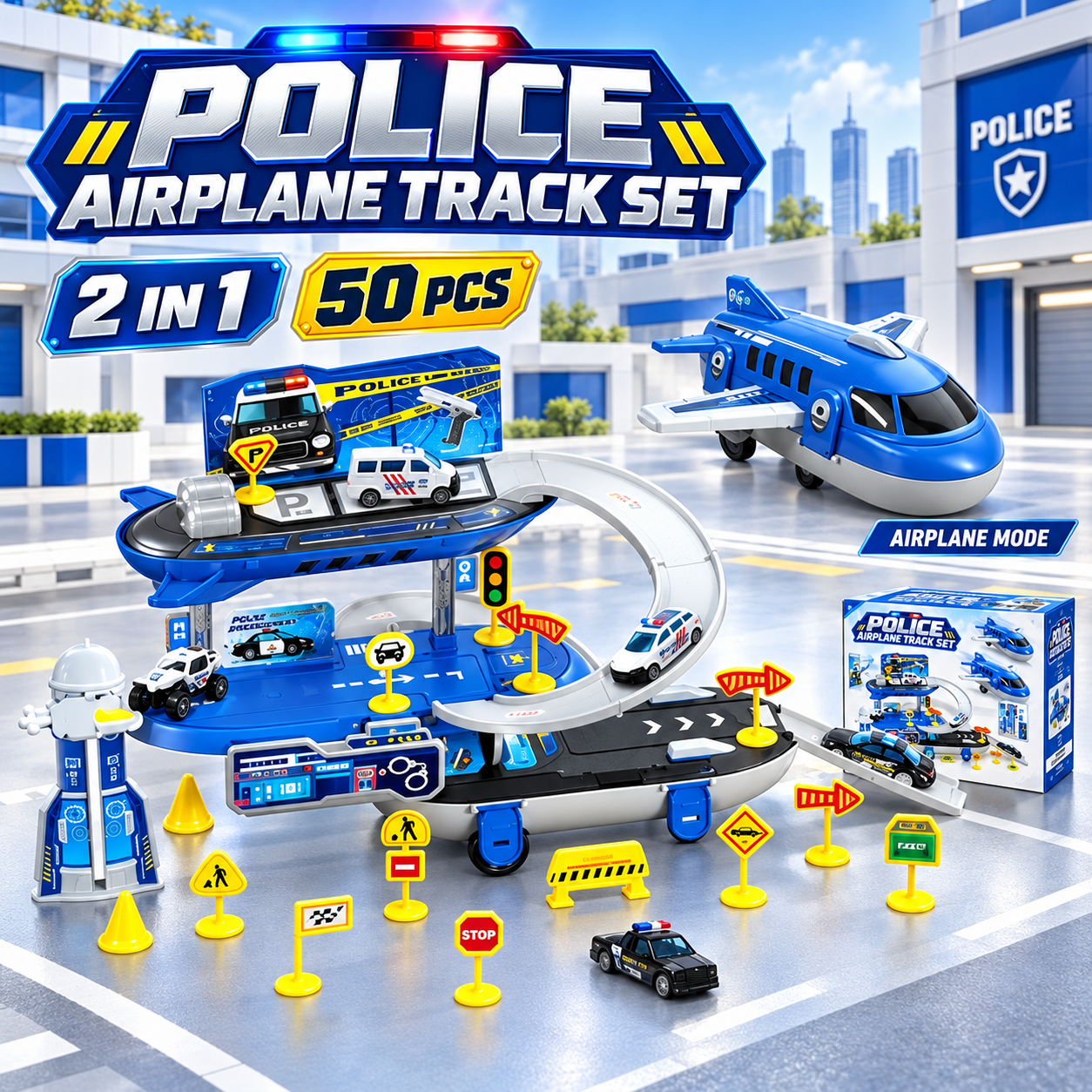 POLICE AIRPLANE TRACK SET – 2 IN 1