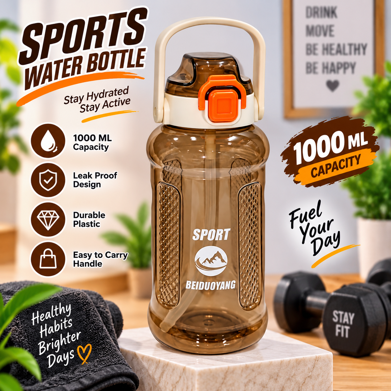 PLASTC WATER BOTTLE 1000ML SPORTS