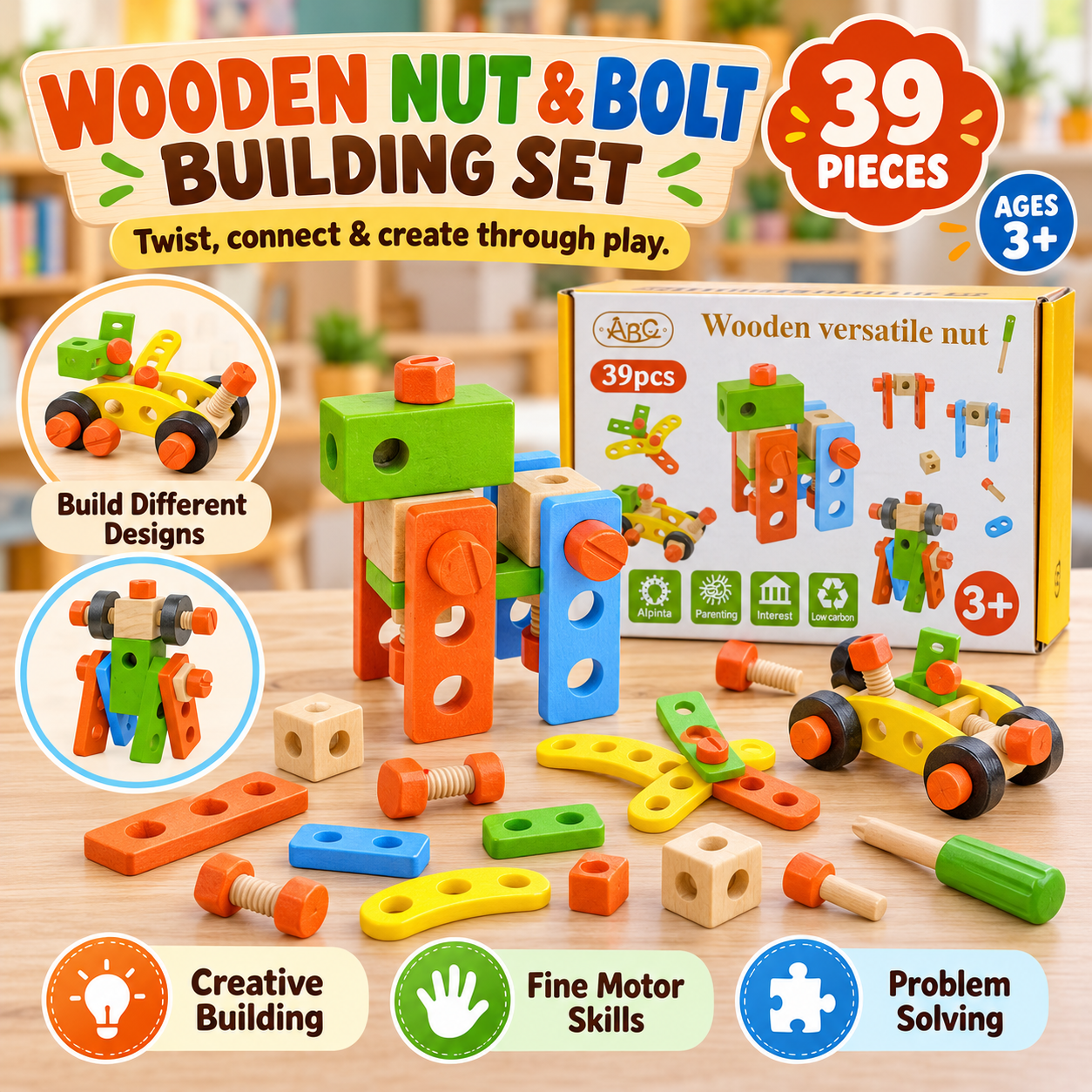 Wooden Nut & Bolt Building Set – 39 Pieces
