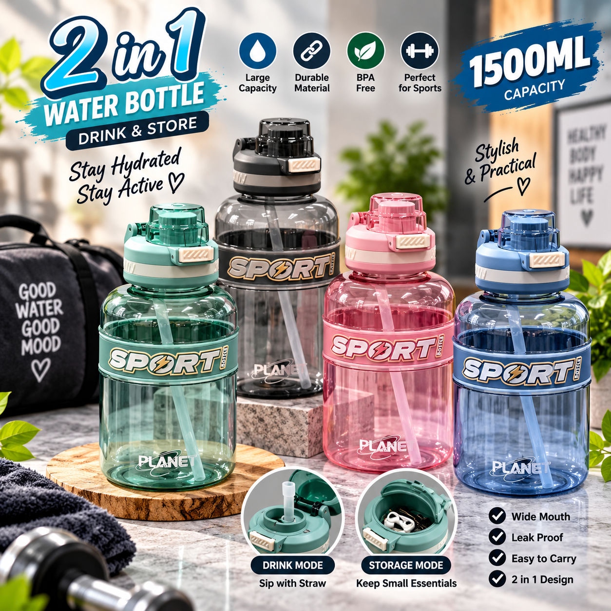 WATER BOTTEL 1500ML 2 IN 1