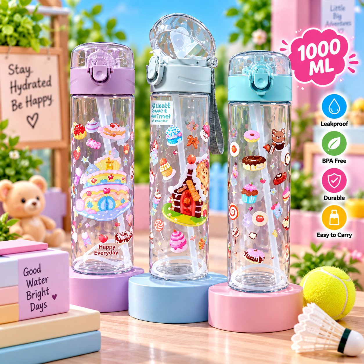 WATER BOTTLE COLORFULL 1000 ML