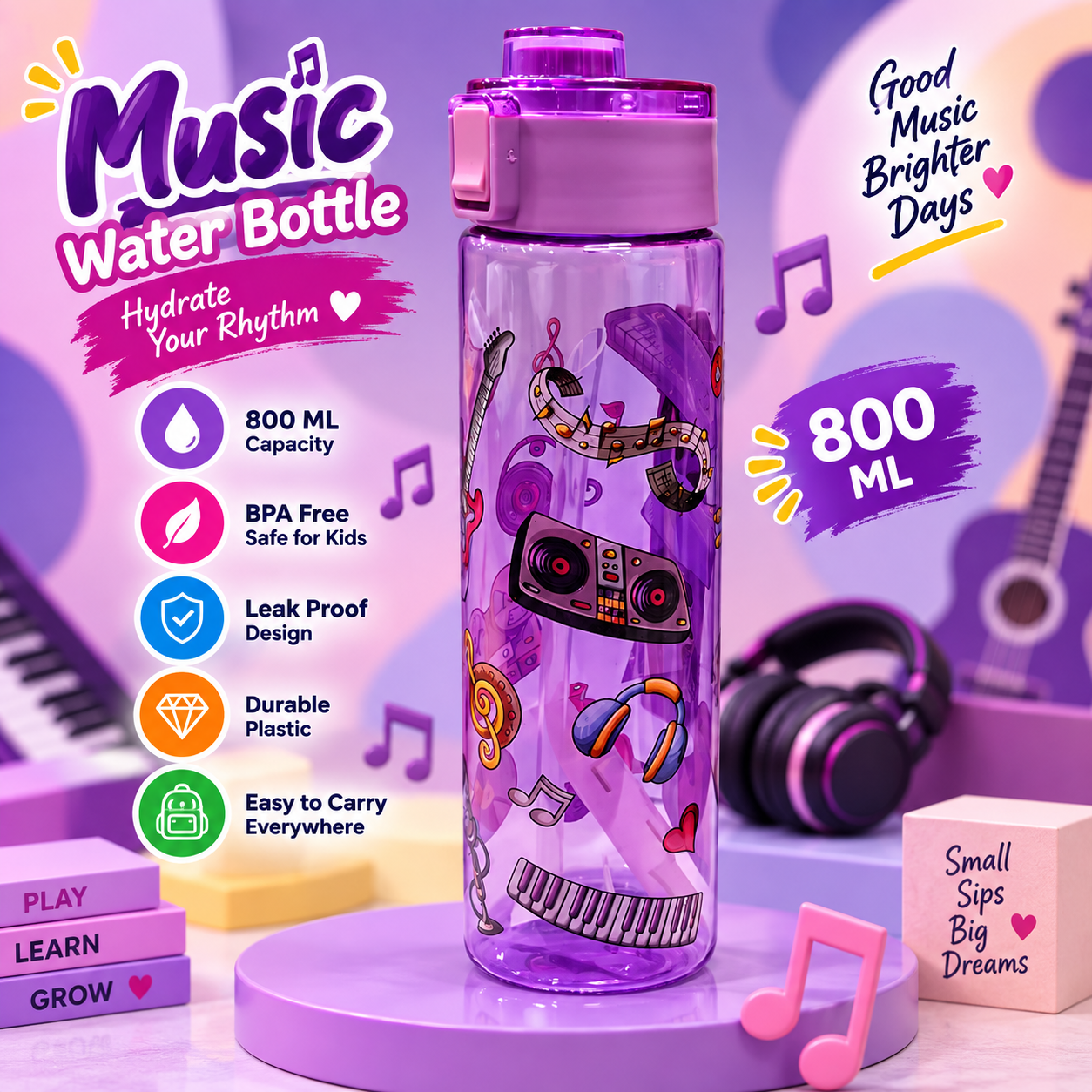 PLASTIC WATER BOTTLE 800ML GUITAR