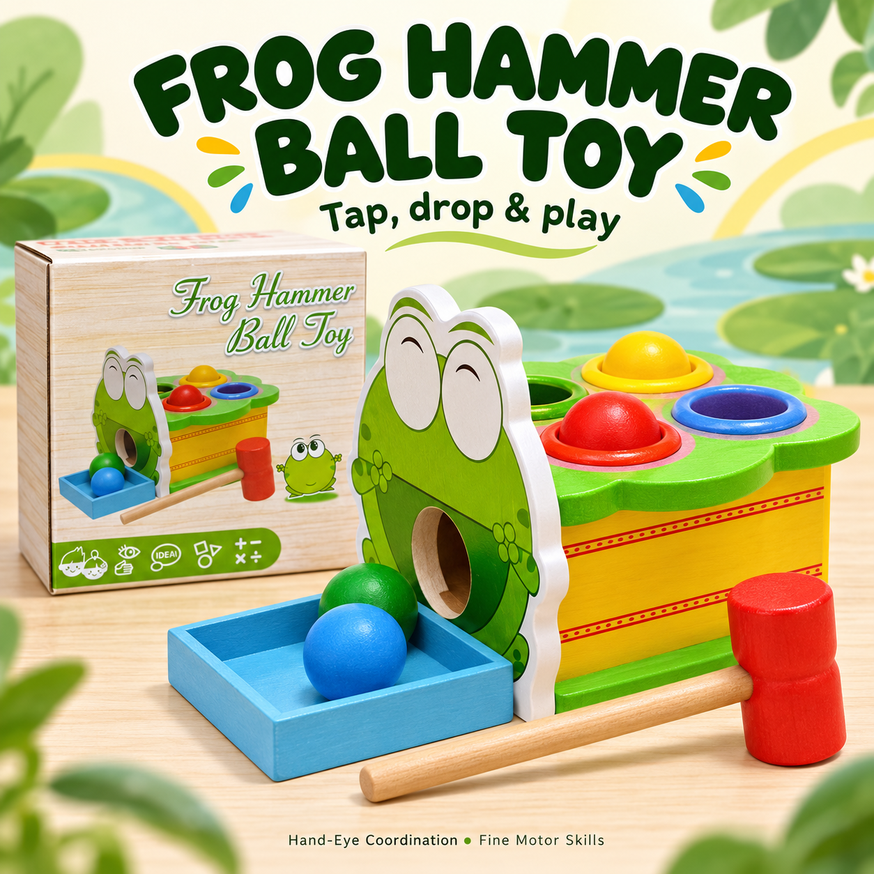 Wooden Frog Hammer Ball Toy